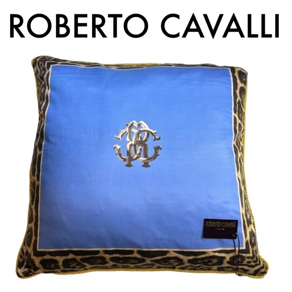 ROBERTO CAVALLI NWT NEW TAG XLARGE BLUE GOLD BLACK LEOPARD ACCENT THROW PILLOW - Picture 1 of 15